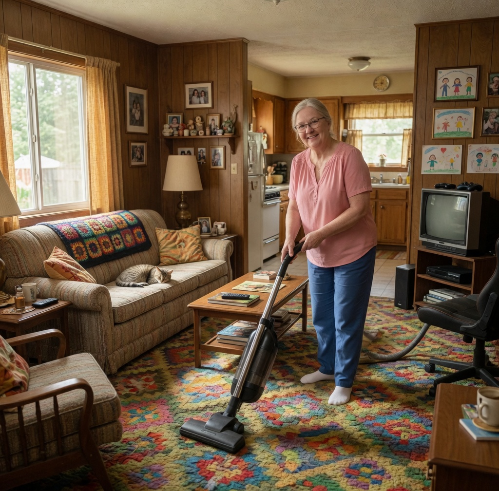Catherine vacuuming a colorful rug in a cozy, well-kept living room with a cat napping on the sofa